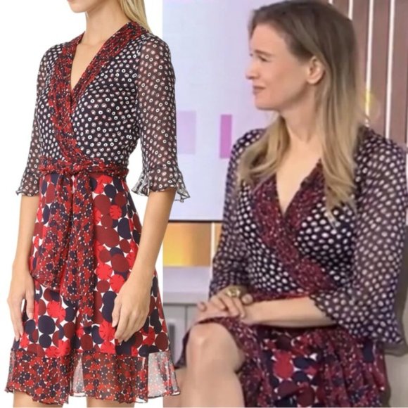 DVF Diane von Furstenberg Nieves Scarf Wrap Dress Size 10 Red Navy - Picture 2 of 16